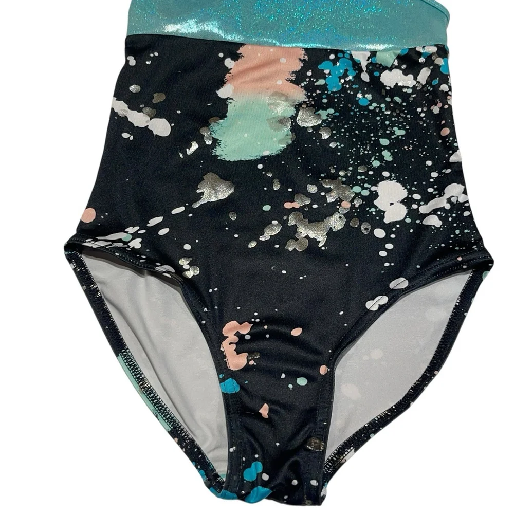 Justice‎ Girls One Piece Dance Leotard Swimsuit Shimmery Blue Black Splatter 7/8